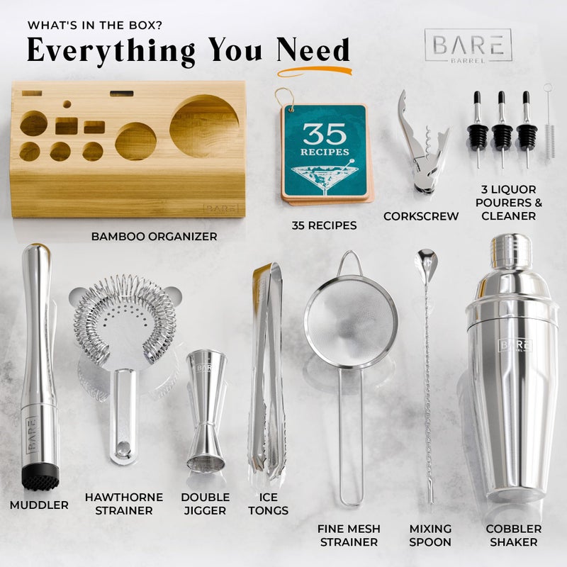 BARE BARREL Mixology Bartender Kit Bar Set | 14-Piece Cocktail Shaker Set | Martini Barware Mixing Tools for Home Bartending | Incl. 35 Recipe Cards | Gift Set (24oz Cobbler Shaker  Silver/Natural) - Image 4